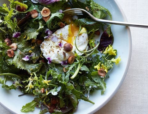 A salad of mixed leaves and hazelnuts with a poached egg